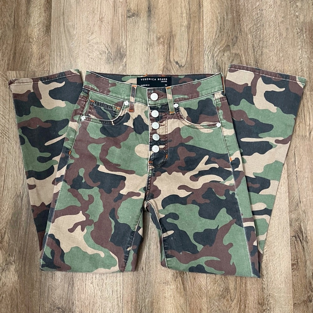 Veronica Beard Carly Kick Flare High Rise Jeans Camo Print Button Fly Size 24 - Picture 9 of 10